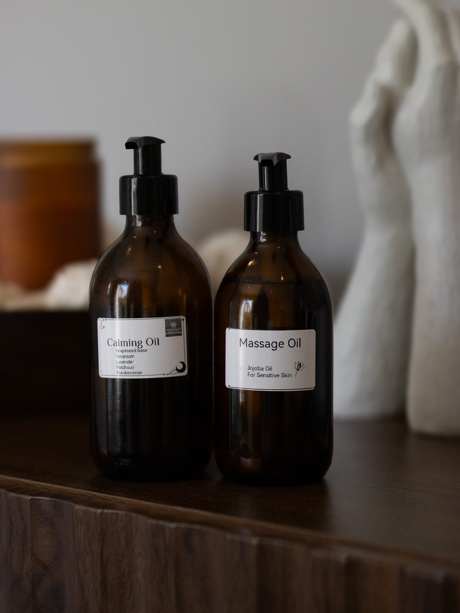 Two amber glass bottles of calming oil and massage oil on a walnut cabinet